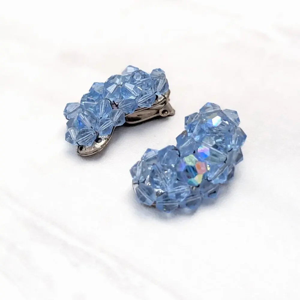 Vintage Clip On Earrings Kidney Bean Shape Large Blue Beaded Statement 1 & 3/8